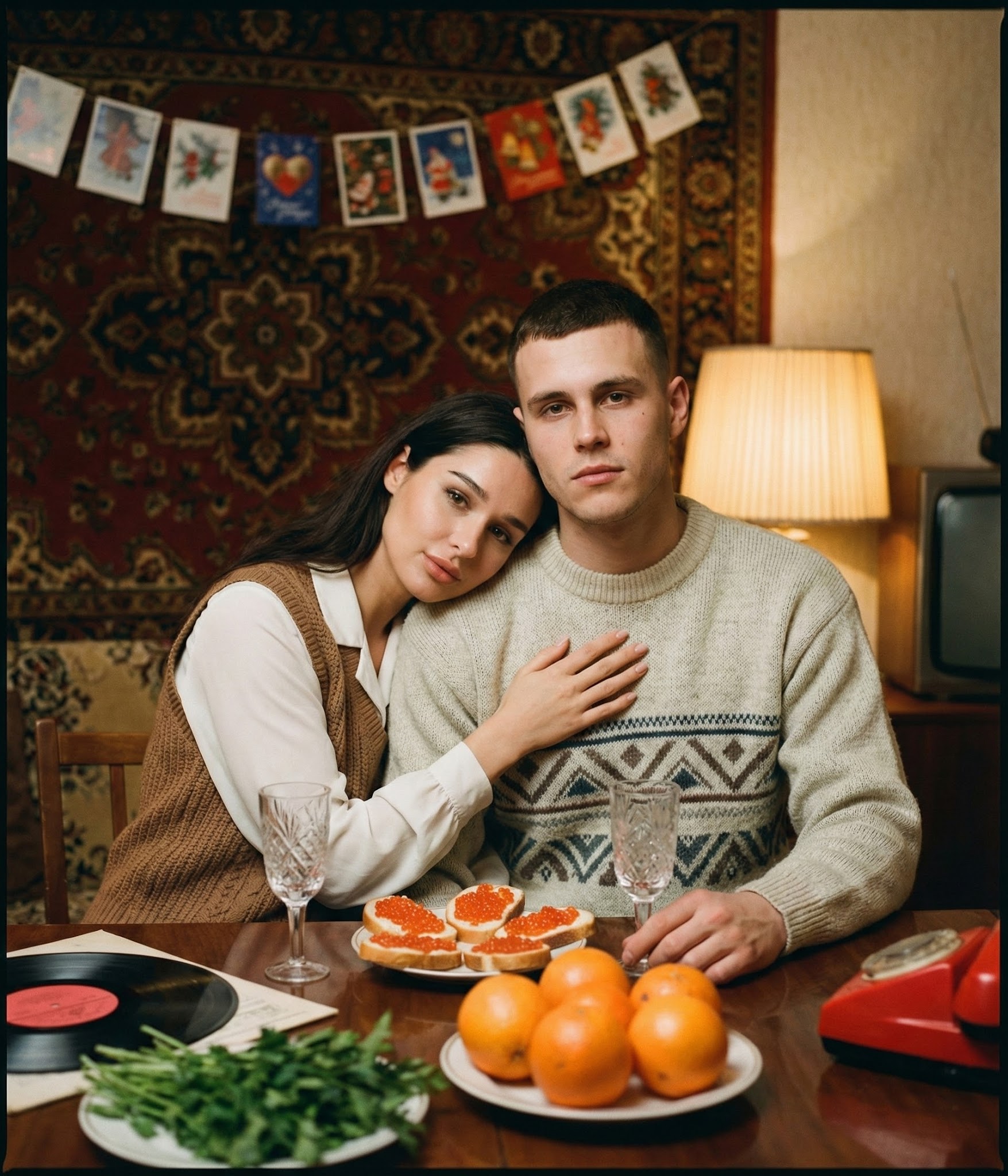 Парное ретро фото за столом 